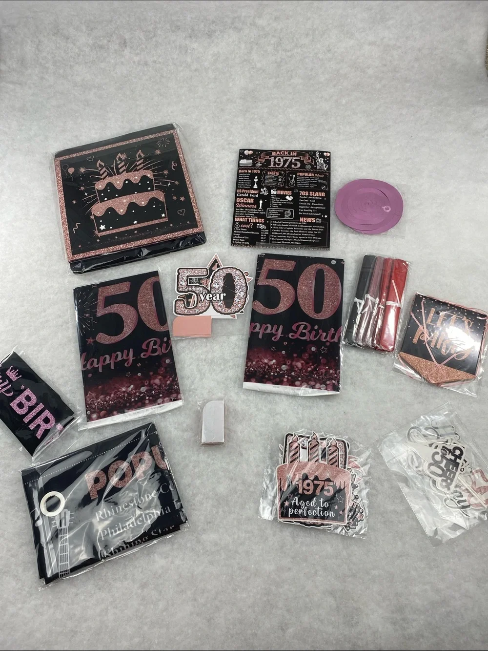 50th Birthday Party Supplies Set - Rose Gold and Black